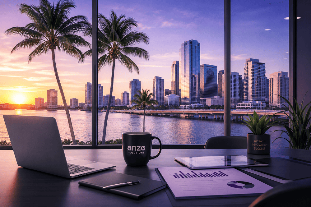 Anzo Solutions digital marketing agency workspace overlooking the Florida skyline at sunset