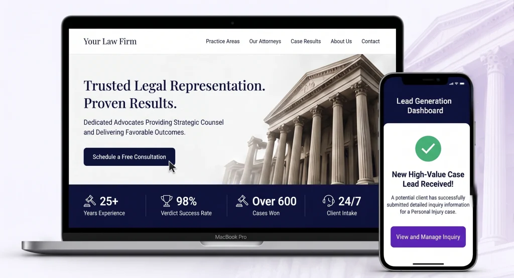 Law firm marketing agency website shown on laptop and phone by Anzo Solution